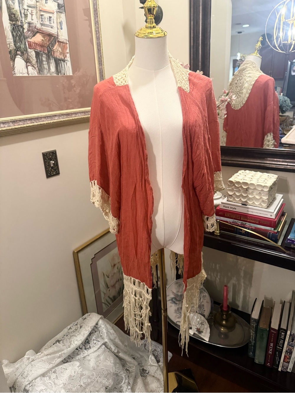 Kori Coral Top with Cream Crochet Fringe
